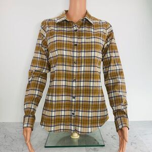 ROYAL ROBBINS Flannel Shirt Women XS Gold Cream Plaid Button-Up Outdoor REI EUC